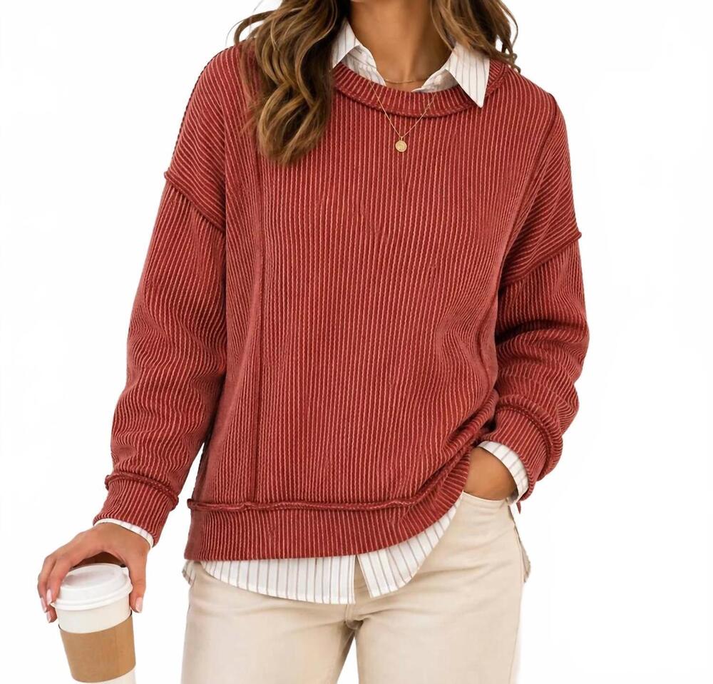 NEW ZENANA raised rib pullover in rust